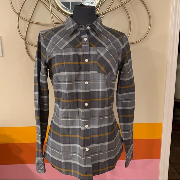 helly Hansen grey yellow plaid button down top - Picture 2 of 4